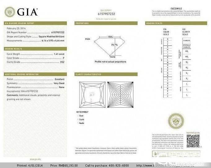 出售GIA现货一颗，公主方主石141分，vs2，F色，EX,VG, 无荧光，全新..._钻石