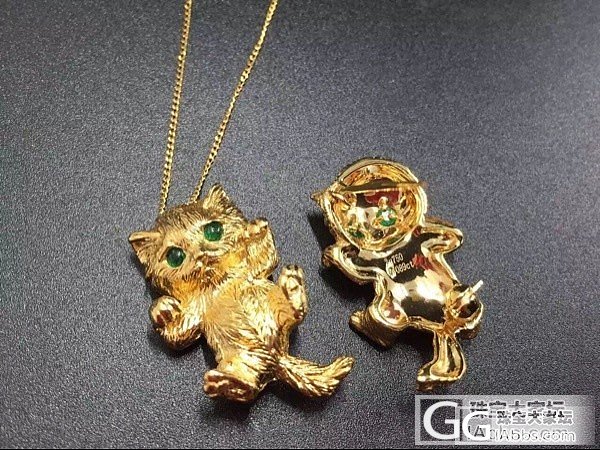 18k黄金萌猫天然祖母绿宝石胸针吊坠两用款AU750可爱小猫咪项链_金欧泊祖母绿