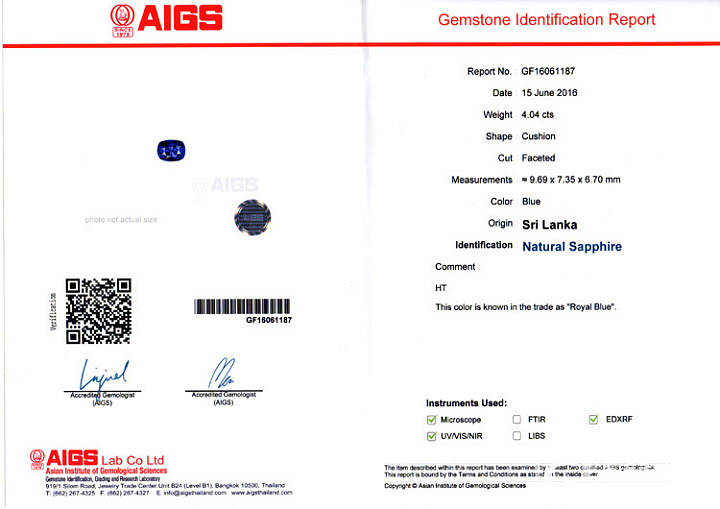 4.04克拉-皇家蓝 -天然蓝宝石-AIGS国际证书_蓝宝石