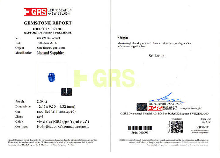 8.08克拉 无烧 皇家蓝色 蓝宝石 -斯里兰卡--grs国际证书