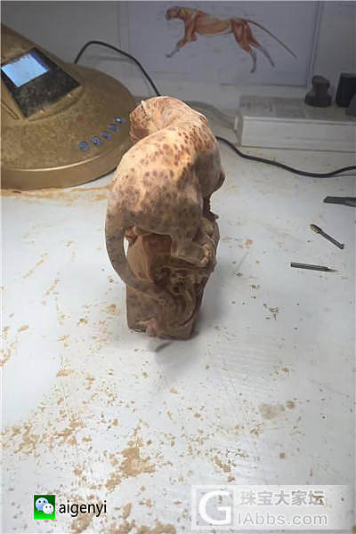 手工新作利用崖柏榴雕刻豹子  《报喜》_雕刻崖柏
