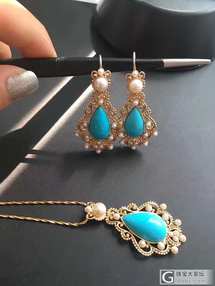 美克拉/亿蓝珠宝 复古蓝松套装，吊坠和耳环~~~_松石