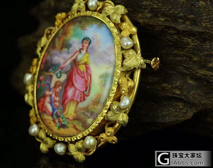 19世纪欧洲古董 18K黄金 天然珍珠 画珐琅天使和女神胸针_胸饰