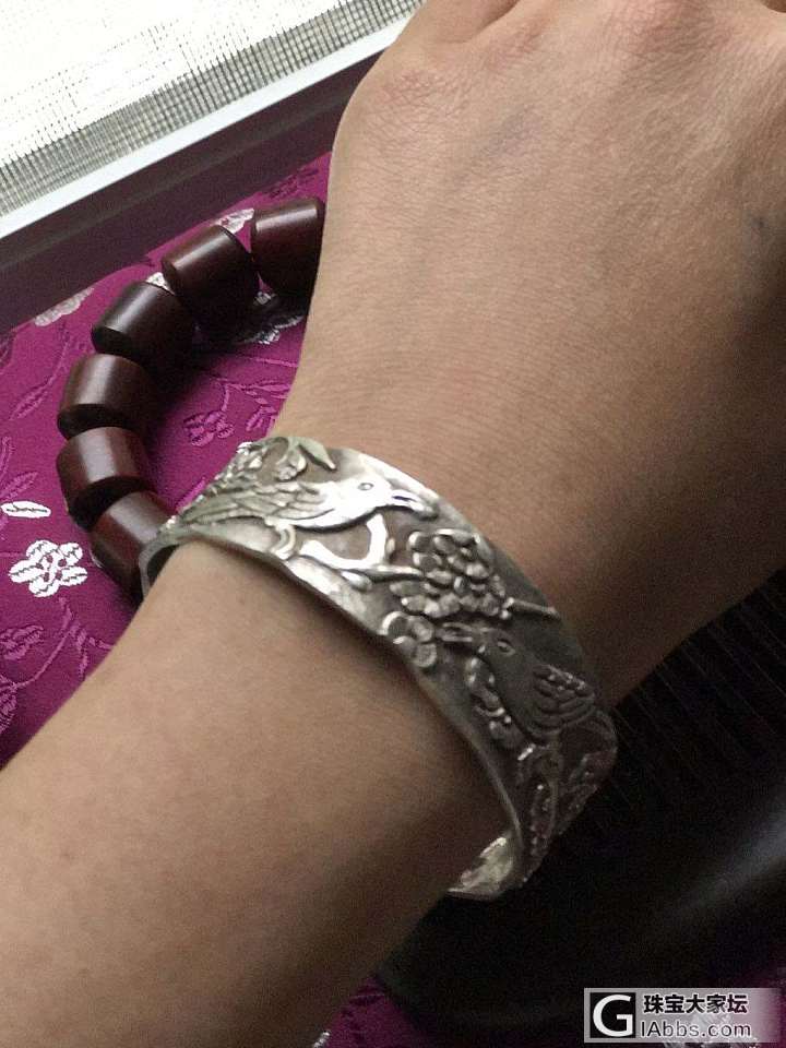 喜鹊，老松麻和小叶_珠串手镯小叶紫檀银