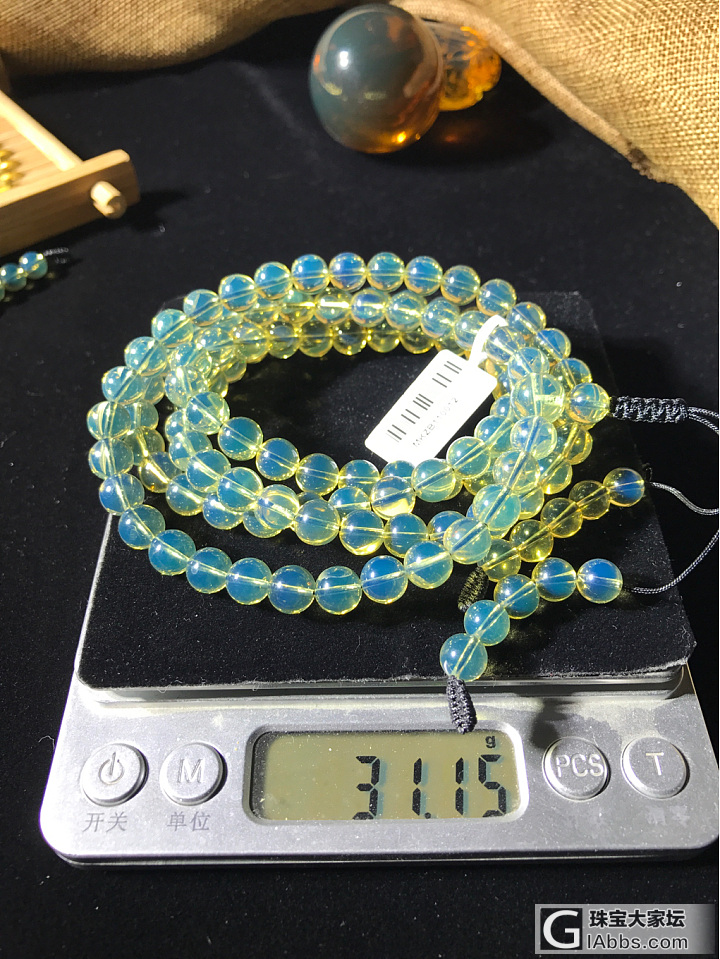 天然墨西哥蓝珀108佛珠手链高蓝_珠串蓝珀