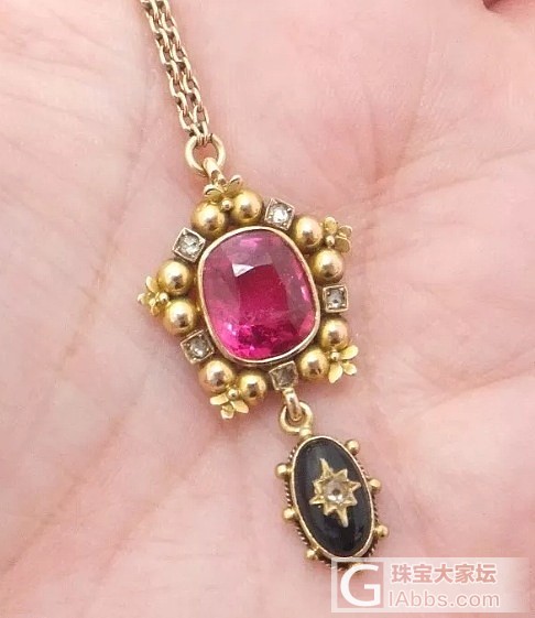 淘了这件首饰，18k金，合成红宝石，镶玫瑰切碎钻，黑玛瑙小水滴，法国1880年左..._K金古董首饰