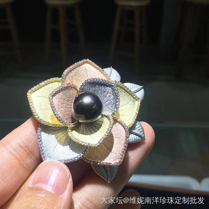 🆕胸针//宝连花
     大溪地黑珍珠胸花 12-13mm 正圆。正面几乎无瑕_胸饰珍珠