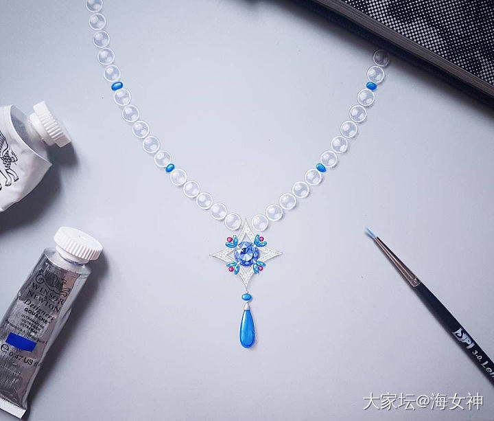 蓝宝石与珍珠搭配的项链设计珠宝设计手绘水彩项链临摹素材图 _设计