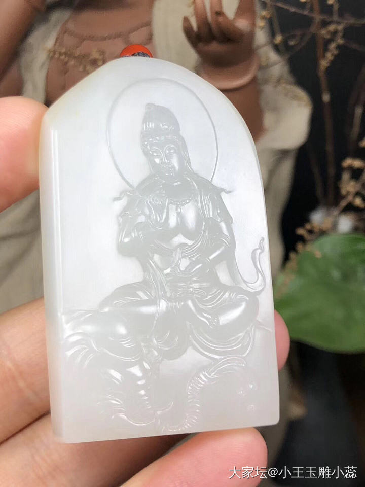 新疆和田玉籽料观音牌，本命佛普贤菩萨，坐骑大象，一级白，满皮，手工精雕，3.8/..._牌子和田玉