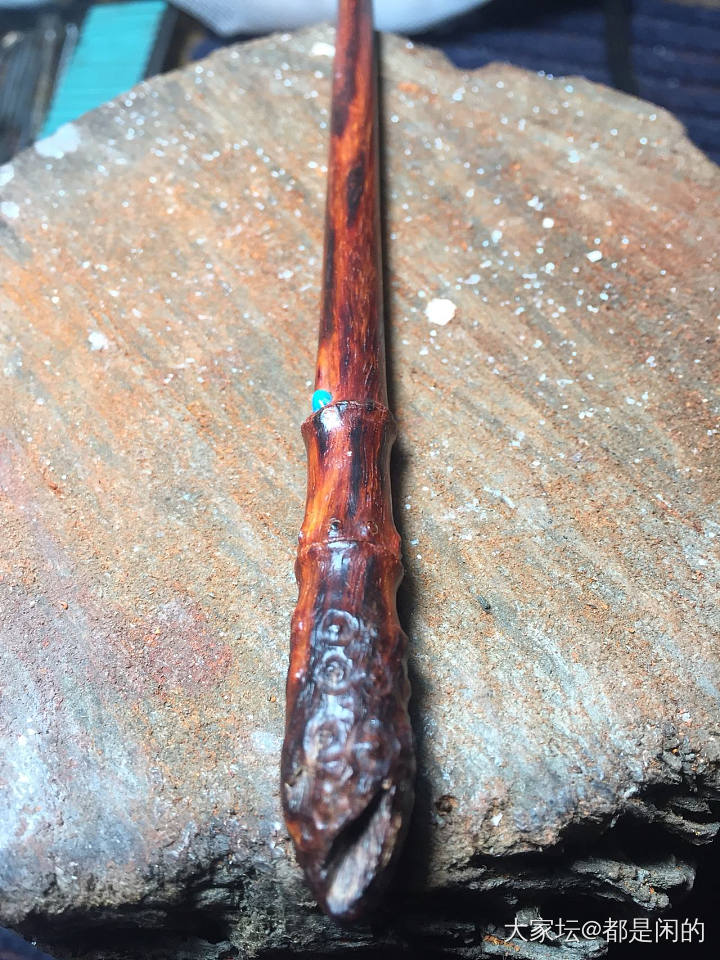 紫檀嵌松石竹根木簪_手工diy