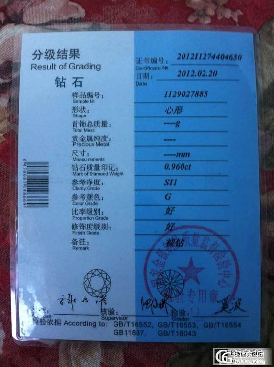 转一枚钻戒。心形，96分，G色SI1净度。GIA国检双证_宝石