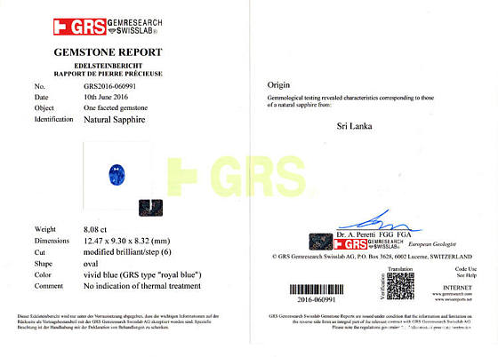 8.08克拉 无烧 皇家蓝色 蓝宝石 -斯里兰卡--GRS国际证书_斯里兰卡刻面宝石蓝宝石