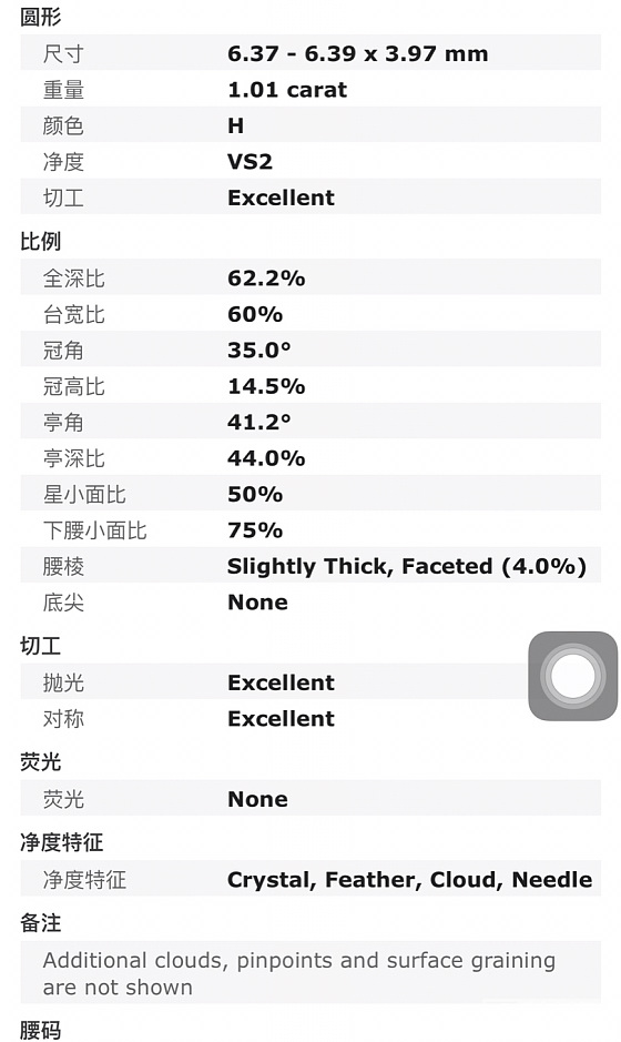 大家帮忙看看这颗呢？1.01克拉H色，VS2，3EX。无荧光。谢谢！_钻石