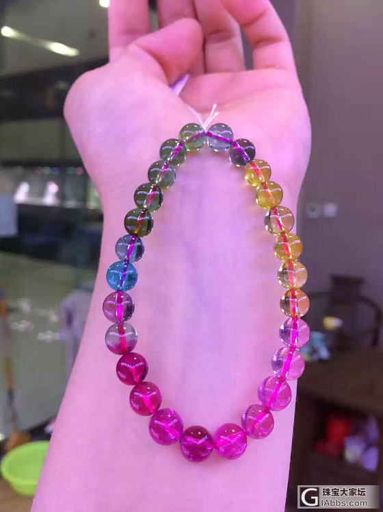 7mm玻璃体彩虹碧玺手链_珠串碧玺