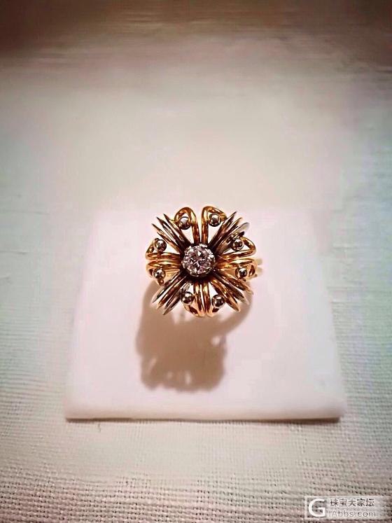 古董 花型 18k白金&18k黄金 钻石戒指_古董首饰