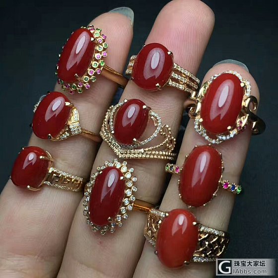 🌹18K金精工镶嵌阿卡牛血红珊瑚戒指搭配南非钻石💎、色泽艳丽💕、浓郁饱满、果冻质..._戒指珊瑚