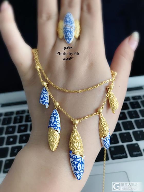 定了两个月出货，青花盛典，足金+彩釉套链戒指耳钉手链套装。_项链手链耳钉戒指金