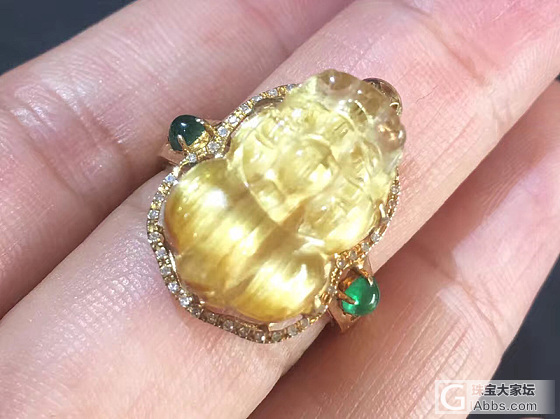 【财源广进】金钛晶貔貅戒指 18k金南非钻石镶嵌 两颗幸福祖母绿_钛晶戒指手饰