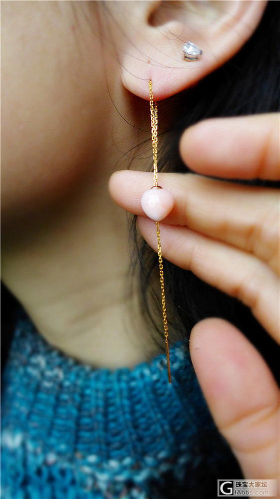粉红粉红少女心 立体的MISU桃心18K金耳线_耳线珊瑚