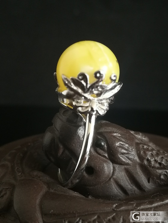 天然白花蜜蜡转运圆珠戒指925银镀金_戒指蜜蜡