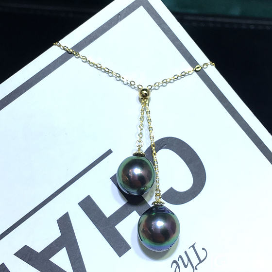 18k金一体可调节链--双珠款  9-10mm极品美腻色泽大溪地  极强光多彩孔..._海水珍珠项链珍珠