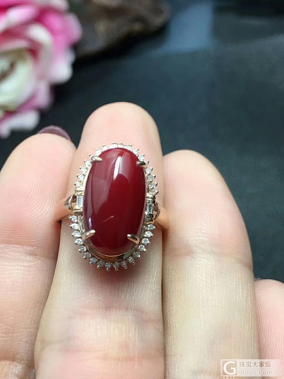 🍒🍒阿卡深牛血戒指💍 果冻水润，18k金镶钻石。裸面 9-14mm 💰8_珊瑚
