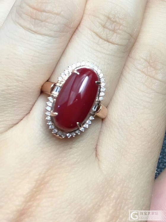 🍒🍒阿卡深牛血戒指💍 果冻水润，18k金镶钻石。裸面 9-14mm 💰8_珊瑚