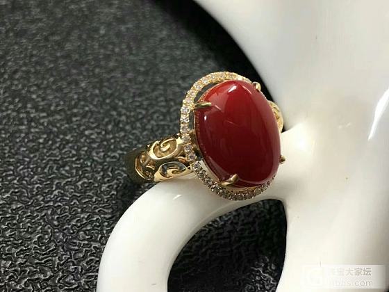 🍒🍒阿卡深牛血戒指💍 果冻水润，18k金镶钻石。裸面 11.17-9mm_戒指珊瑚