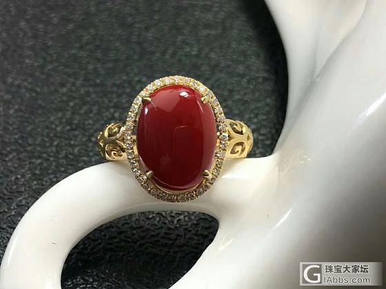 🍒🍒阿卡深牛血戒指💍 果冻水润，18k金镶钻石。裸面 11.17-9mm_戒指珊瑚