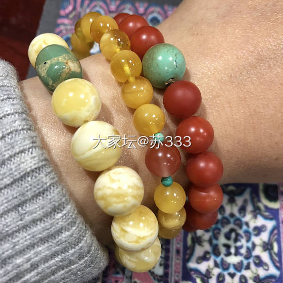 蜜蜡叠戴也要新鲜感～_珠串银南红琥珀蜜蜡