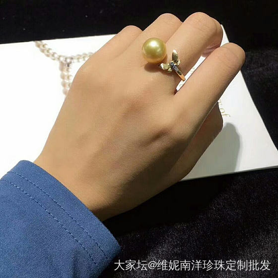 天然颜色浓金珠戒指 11-12mm  无暇 强光
18k镶嵌钻石💎 蝴蝶🦋款 超..._戒指珍珠