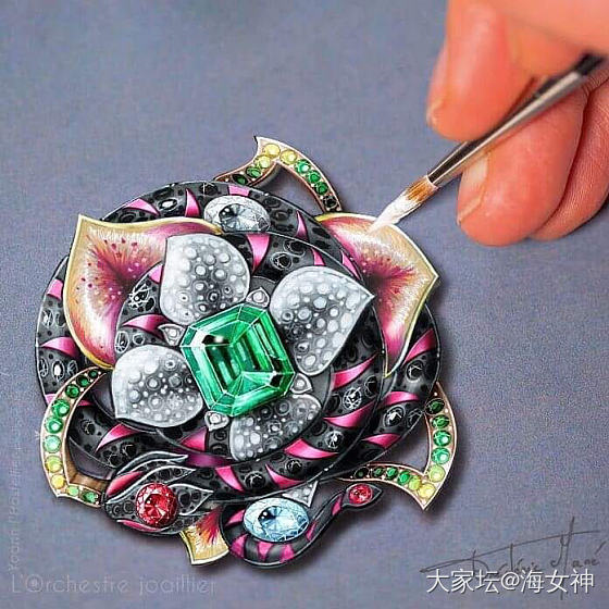 祖母绿奢华花朵胸针设计，珠宝首饰设计手绘手稿图_设计