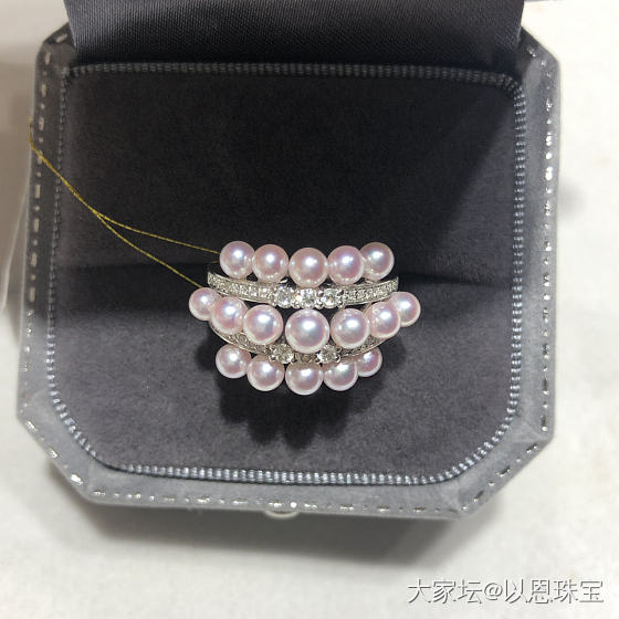 多珠款珍珠戒指💍，18K白金钻石款，极粉光泽，3.5-4.5MM_戒指珍珠