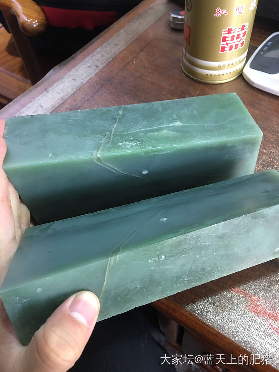 鸭蛋青原料，准备切牌子，就是切出来气有点深_明料和田玉