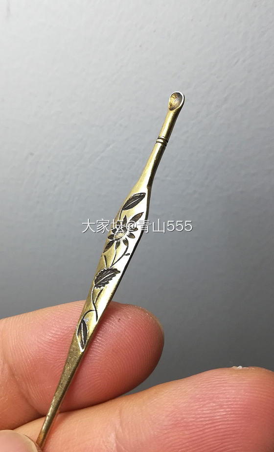 老银鎏金錾花耳挖簪子_老银