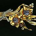 西洋古董首饰法国1950年代18k黄金钻石蓝宝石红宝石花束胸针33克