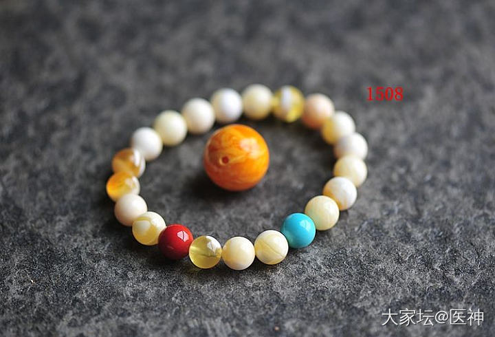 医神。留有万种风情的蜜珀--“金绞白”蜜蜡圆珠手链。配南红绿松_松石南红琥珀蜜蜡