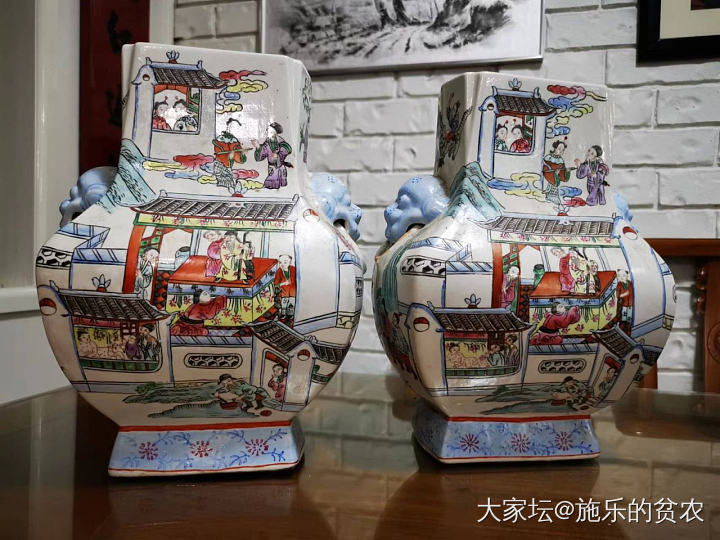 同治年制粉彩”金瓶梅”故事四棱扁瓶一对_收藏陶瓷