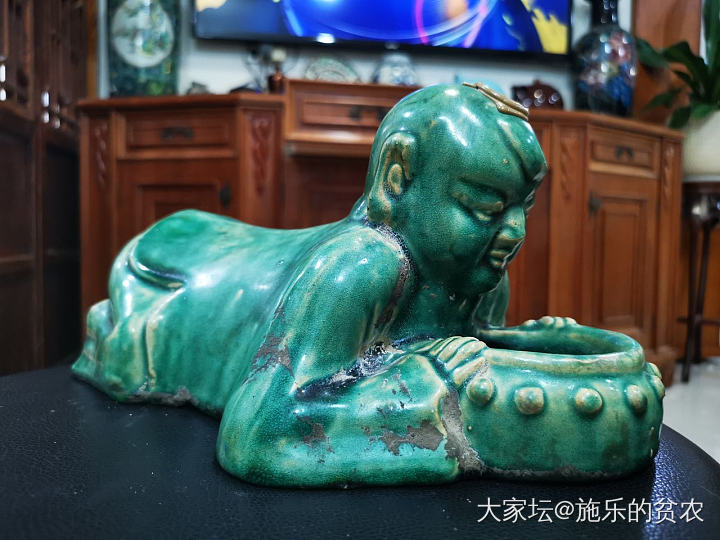宋-绿釉孩儿戏洗瓷枕_收藏