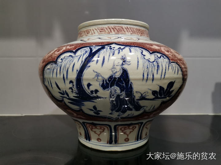 元末明初，青花釉里红三开光高士罐_陶瓷