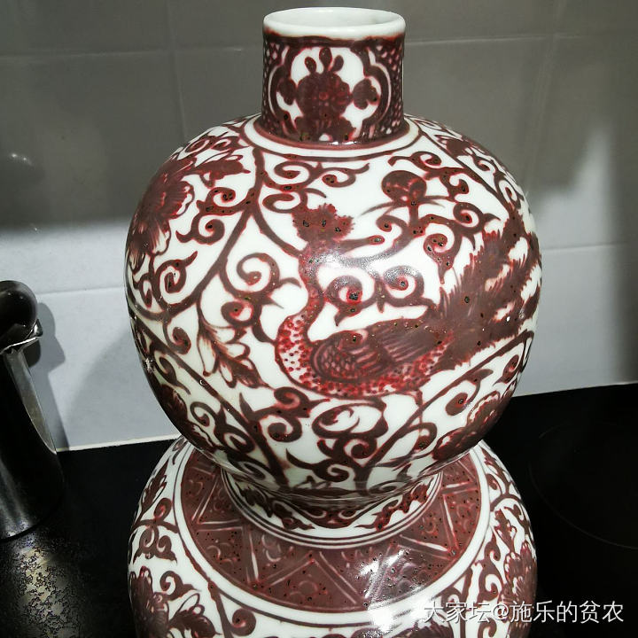 明隆庆，釉里红麒麟孔雀缠枝牡丹纹葫芦瓶_收藏
