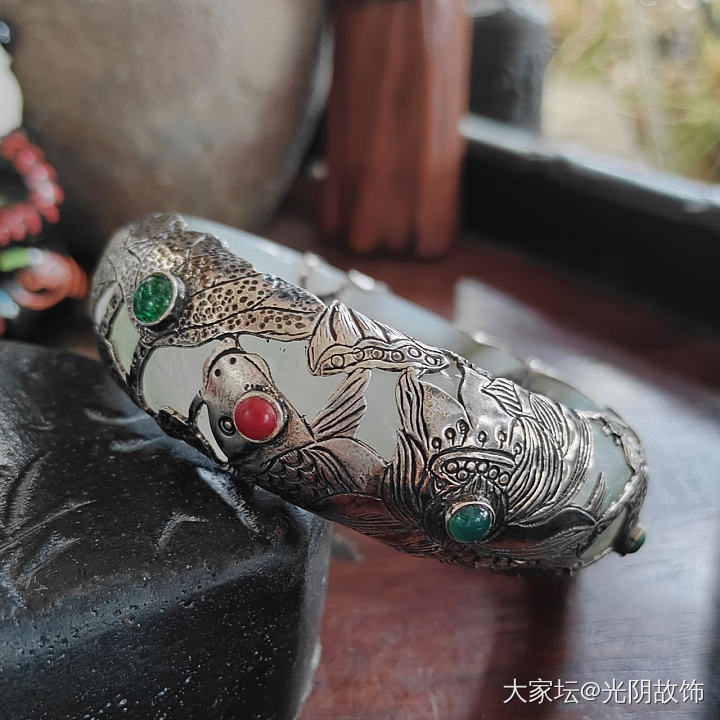 中国风翡翠镶银荷花鱼手镯，新做。_首饰