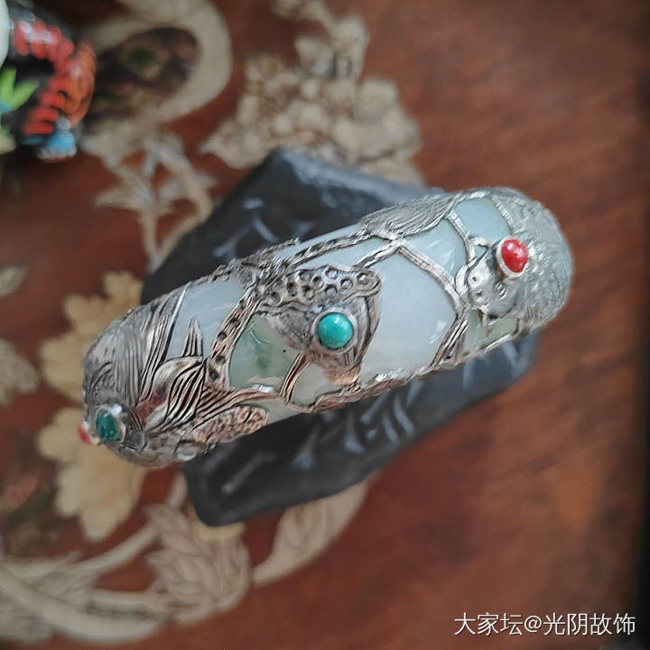 中国风翡翠镶银荷花鱼手镯，新做。_首饰
