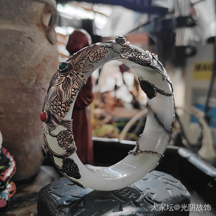 中国风翡翠镶银荷花鱼手镯，新做。_首饰