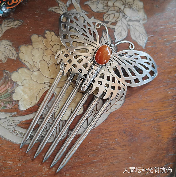 中国风南红镶银蝴蝶发簪，新做。_首饰