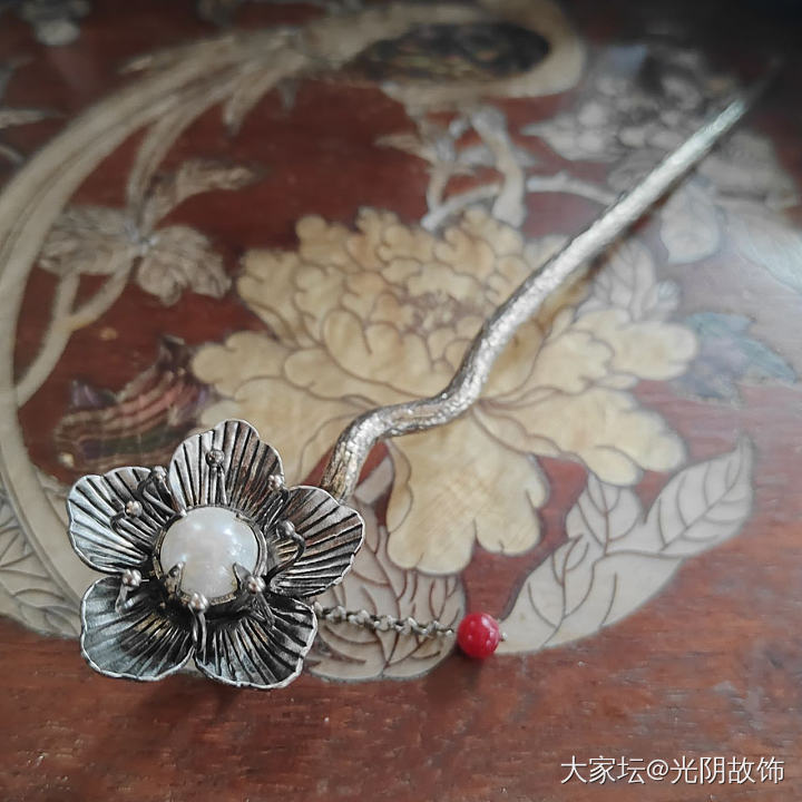 中国风珍珠镶银花枝发簪_银