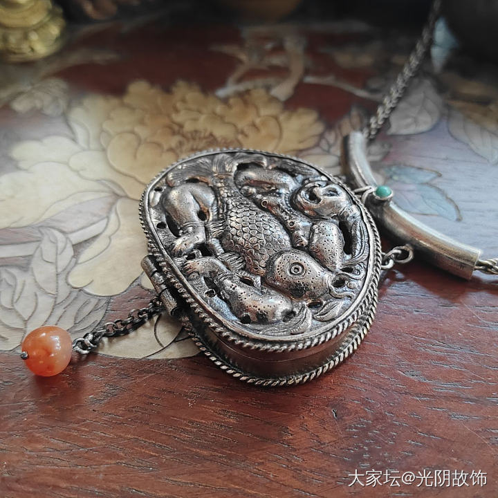 中国风老银帽花福娃年年有鱼镶香囊银盒吊坠，老物新做。_银