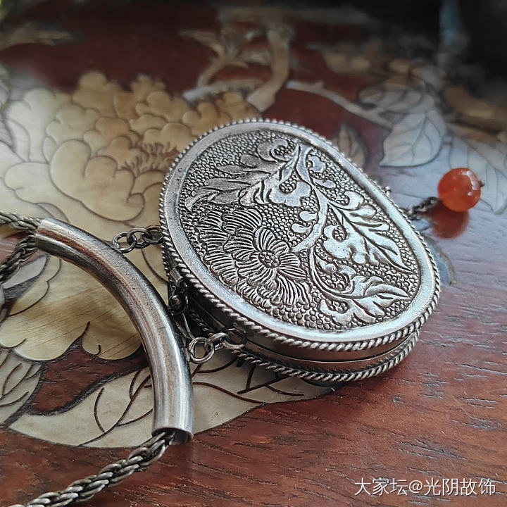 中国风老银帽花福娃年年有鱼镶香囊银盒吊坠，老物新做。_银
