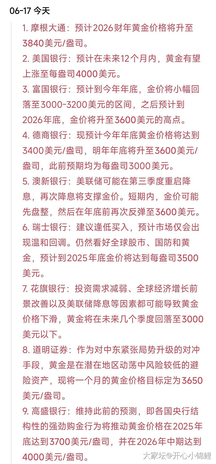 花旗和其他银行机构对金价的预测_贵金属