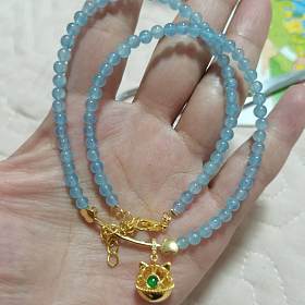 海蓝宝超咪猫咪铃铛项链